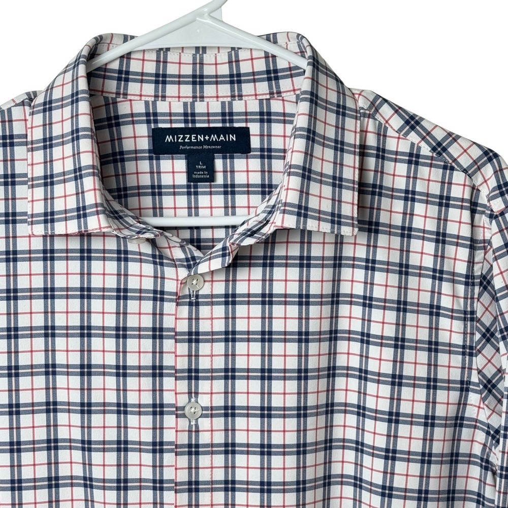 Mizzen Main Button Down Shirt Men L White Blue Red Plaid Trim Fit‎ 1WS-0523